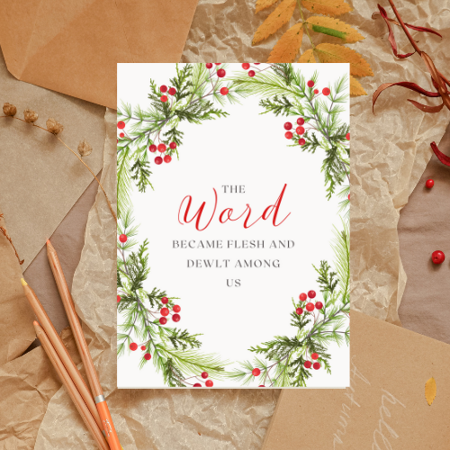 Scripture-Themed Christmas Wreath Design Greeting Card - Instant Download - Easily Customizable