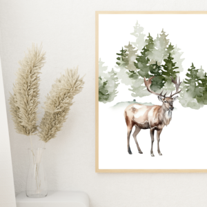 Snowy Deer in the Forest Watercolor Wall Art – Digital Download – Instant Download