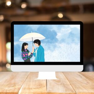 Rainy Day Love – Couple Under an Umbrella – 1920px x 1080px – Digital Download