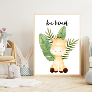 "Gentle Kindness" Giraffe Wall Art – Watercolor Print with Tropical Leaves – Instant Download