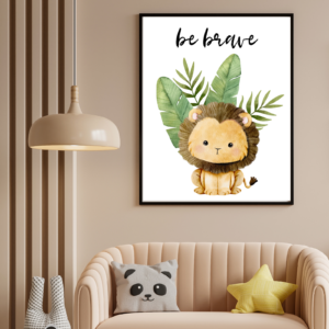 "Be Brave" Lion Wall Art – Watercolor Print with Tropical Banana Leaves – Instant Download