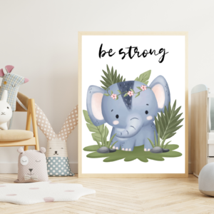 "Be Strong" Elephant Wall Art – Watercolor Print with Savanna Leaves – Instant Download