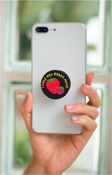 PopGrip - "I Love You Berry Much" with Two Strawberries (Black, 4cm)