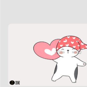 Mouse Pad - Cat-Themed Print of Cat Wearing a Pajama Hat and Holding a Heart (Square, White)