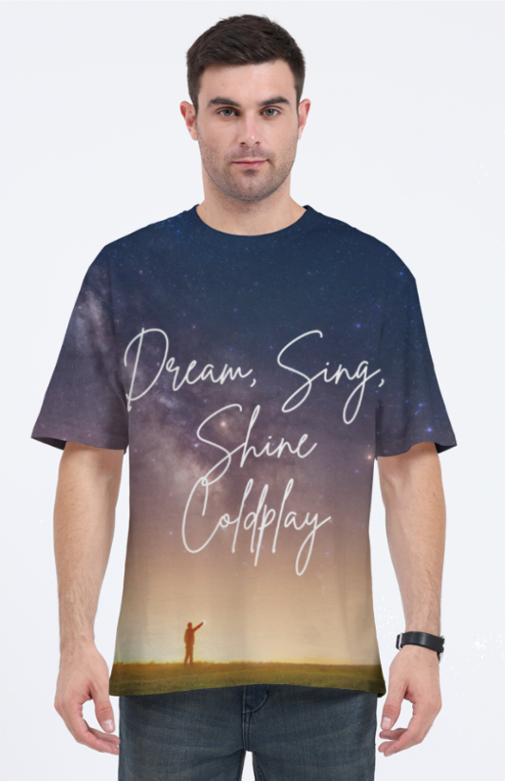 Men’s AOP Oversized Tee – Dream, Sing, Shine, Coldplay Starry Night Design