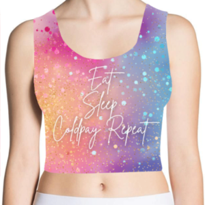 Women’s AOP Crop Tank – Eat, Sleep, Coldplay, Repeat Glittery Design