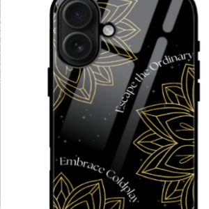 iPhone 16 Glass Case – Escape the Ordinary, Embrace Coldplay Golden Geometric Flowers with Starry Constellation Design