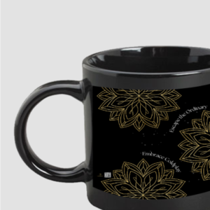 Black Coffee Mug 11oz – Escape the Ordinary, Embrace Coldplay Golden Geometric Flowers with Starry Constellation Design