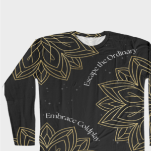 Women's AOP Full Sleeve Tee – Escape the Ordinary, Embrace Coldplay Golden Geometric Flowers with Starry Constellation Design