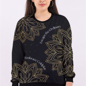 Women's AOP Sweatshirt – Escape the Ordinary, Embrace Coldplay Golden Geometric Flowers with Starry Constellation Design