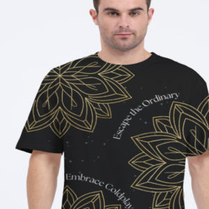 Men’s AOP Oversized Tee – Escape the Ordinary, Embrace Coldplay Golden Geometric Flowers with Starry Constellation Design