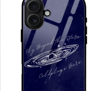 iPhone 16 Glass Case – Fly Beyond the Stars, Coldplay’s Bars Galaxy Illustration with Starry Background