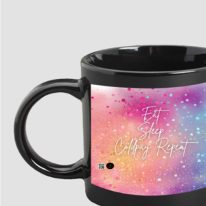 Black Coffee Mug 11oz - Eat, Sleep, Coldplay, Repeat | Vibrant Multicolor Glitter Design