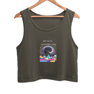 Female Crop Tank – Ride the Sky, with Coldplay’s High | Vibrant Cityscape Design (Multiple colors)
