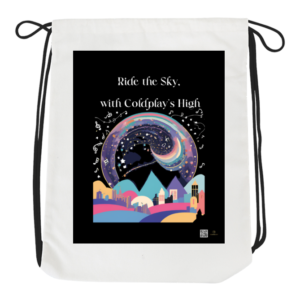 White Drawstring Bag – Ride the Sky, with Coldplay's High | Vibrant Cityscape