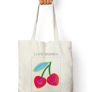 Zipper Tote Bag - "Love Berries" with Two Berries (White, Standard Size)