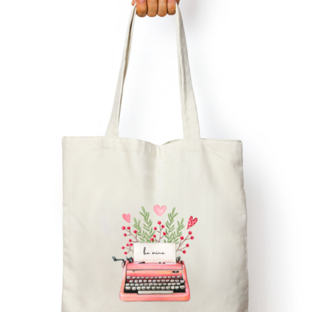 White "Be Mine" Typewriter Zipper Tote Bag – White – Standard Size