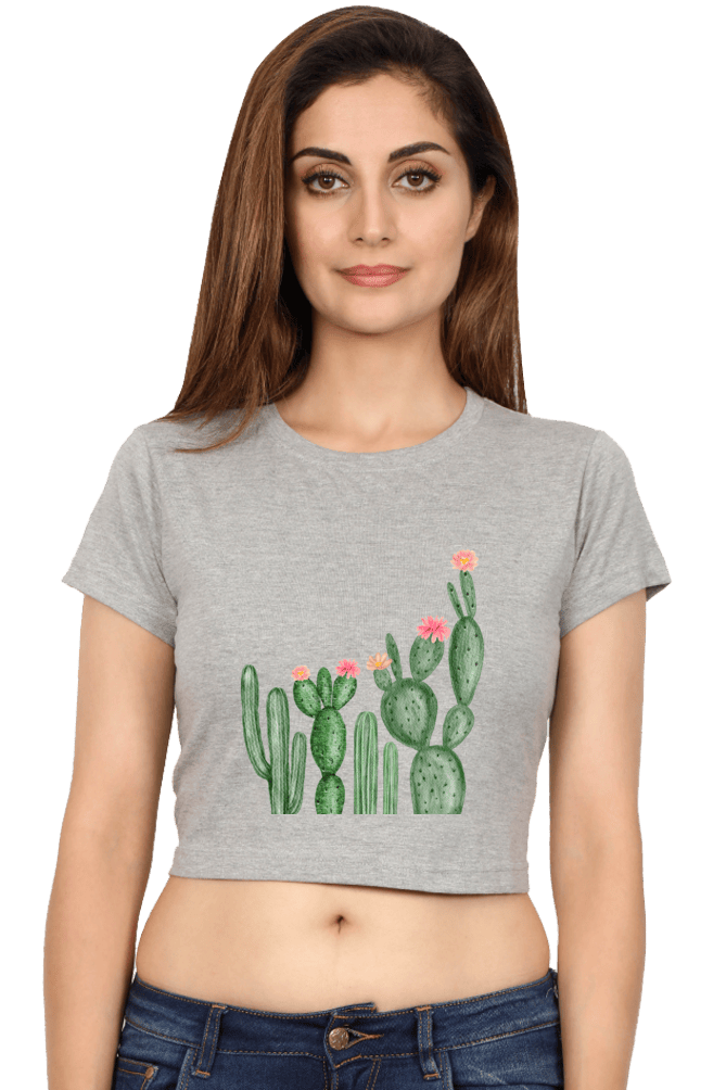 Female Crop Top – Watercolor Wild Cactus with Floral Tips - Image 2