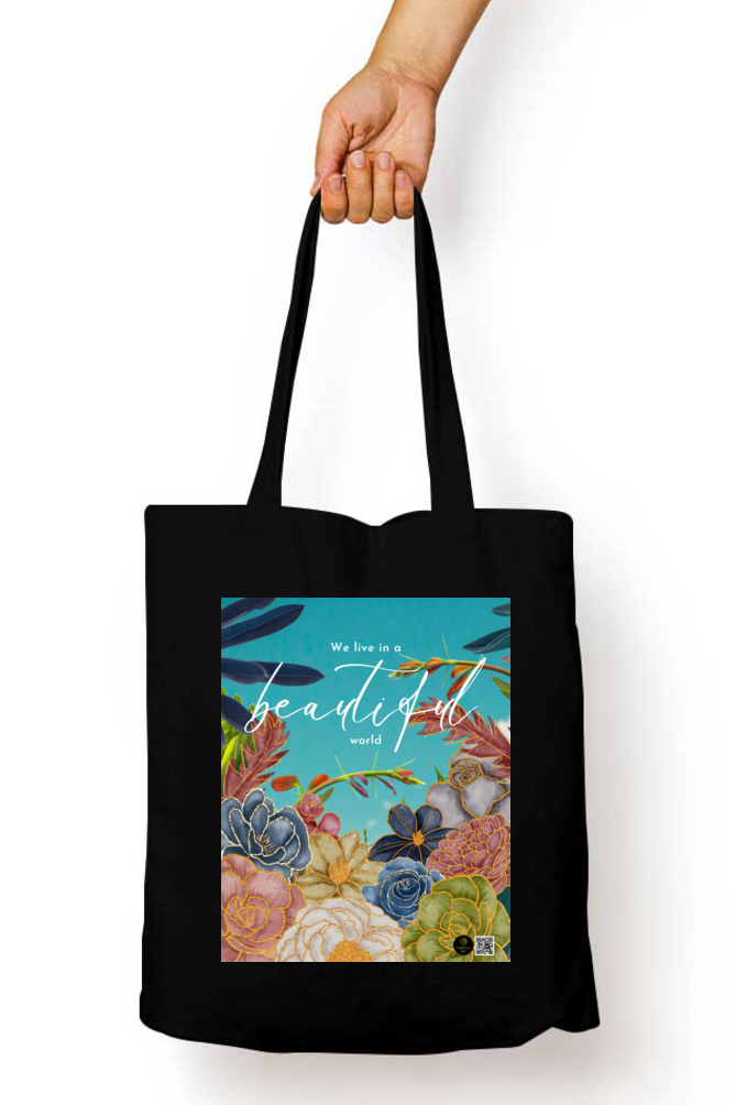 "Beautiful World" – Coldplay-Inspired Black Tote Bag | Quantum Dot Gold Collection