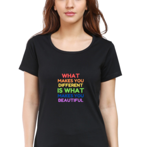Inspirational Black T-Shirt – "What Makes You Different is What Makes You Beautiful" – Motivational Quote Tee for Women