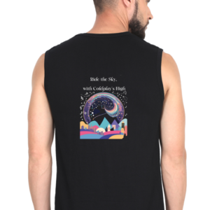 Male Sleeveless T-Shirt – Ride the Sky, with Coldplay’s High | Vibrant Cityscape Design (S-XL)