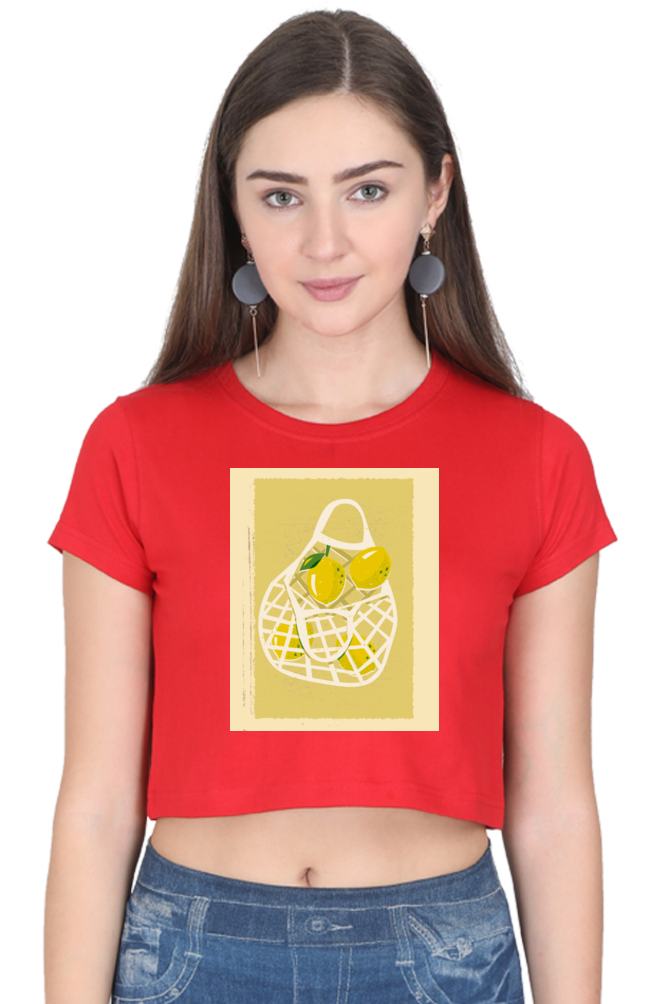 Female Crop Top – Artistic Lemon Net Bag Illustration - Image 2