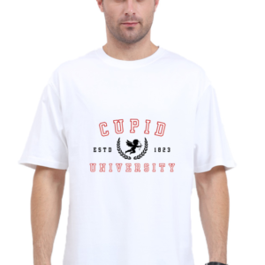 Unisex Oversized Classic T-Shirt - "Cupid University" with Cupid Design (White, Coral, Sizes XS-XXL)