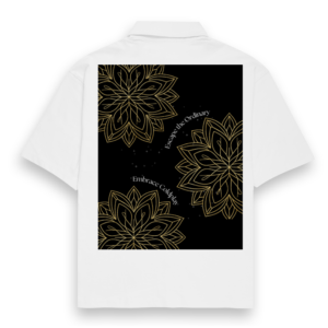 Men’s Oversized Shirt – Escape the Ordinary, Embrace Coldplay Golden Geometric Flowers with Starry Constellation Design