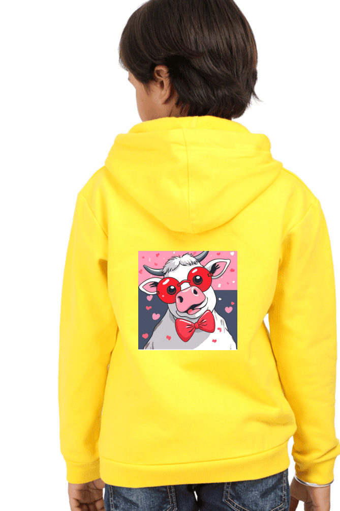Kids Hoodie - Funky Cow with Red Glasses & Bow (Black, Grey Melange, Red, Baby Pink, Yellow | 0M-11Y) - Image 2