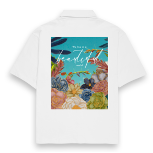 "Beautiful World" – Coldplay-Inspired Unisex Oversized White Shirt | Quantum Dot Gold Collection
