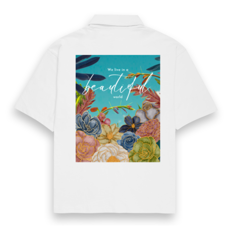 White "Beautiful World" – Coldplay-Inspired Unisex Oversized White Shirt | Quantum Dot Gold Collection