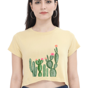 Female Crop Top – Watercolor Wild Cactus with Floral Tips