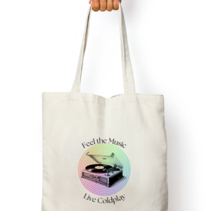 Tote Bag Zipper – White & Khaki | Vintage Record 'Feel the Music, Live Coldplay' Design