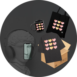 Quantum Bundle - Dripping Heart Grid Collection (Oversized T-shirt, Cotton Zipper Tote Bag, Enamel Mug)