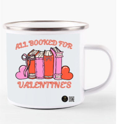 White Enamel Mug - All Booked for Valentine's Design (11oz, White)