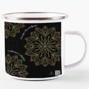 White Enamel Mug (11oz) – Escape the Ordinary, Embrace Coldplay Golden Geometric Flowers with Starry Constellation Design