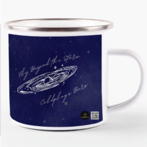 White Enamel Mug – Fly Beyond the Stars, Coldplay’s Bars Galaxy Illustration with Starry Background
