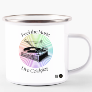White Enamel Mug 11oz - Feel the Music, Live Coldplay | Vintage Record Player Design