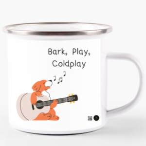 White Enamel Mug 11oz - Bark, Play, Coldplay | Fun-Loving Dog & Guitar Design