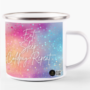 White Enamel Mug 11oz - Eat, Sleep, Coldplay, Repeat | Vibrant Multicolor Glitter Design
