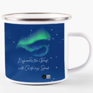White Enamel Mug – Illuminate the Dark, with Coldplay’s Spark Green Aurora Design