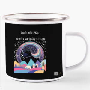 White Enamel Mug (11oz) – Ride the Sky, with Coldplay’s High | Vibrant Cityscape Design