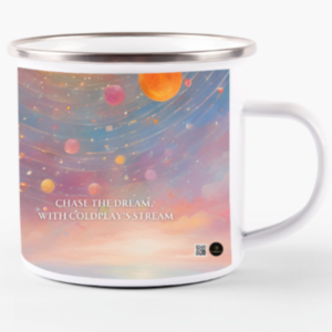 White Enamel Mug(11oz) – Chase the Dream, with Coldplay’s Stream | Sunrise Cliff View Design