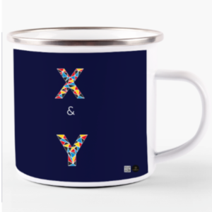 White Enamel Mug – X & Y Typography | Colorful Geometric Design