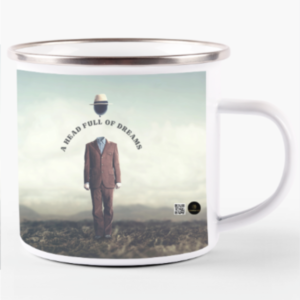 White Enamel Mug (11oz) – A Head Full of Dreams | Surreal Floating Head Design