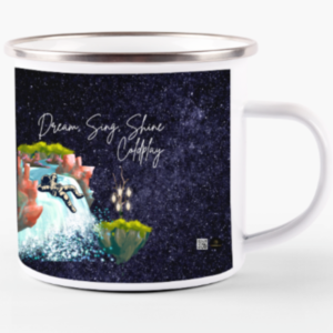 White Enamel Mug (11oz) – Dream, Sing, Shine Coldplay | Astronaut & Waterfall Starry Design