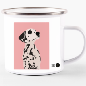 White Enamel Mug (11oz) – Dalmatian Dog | Stylish Pink Background Design