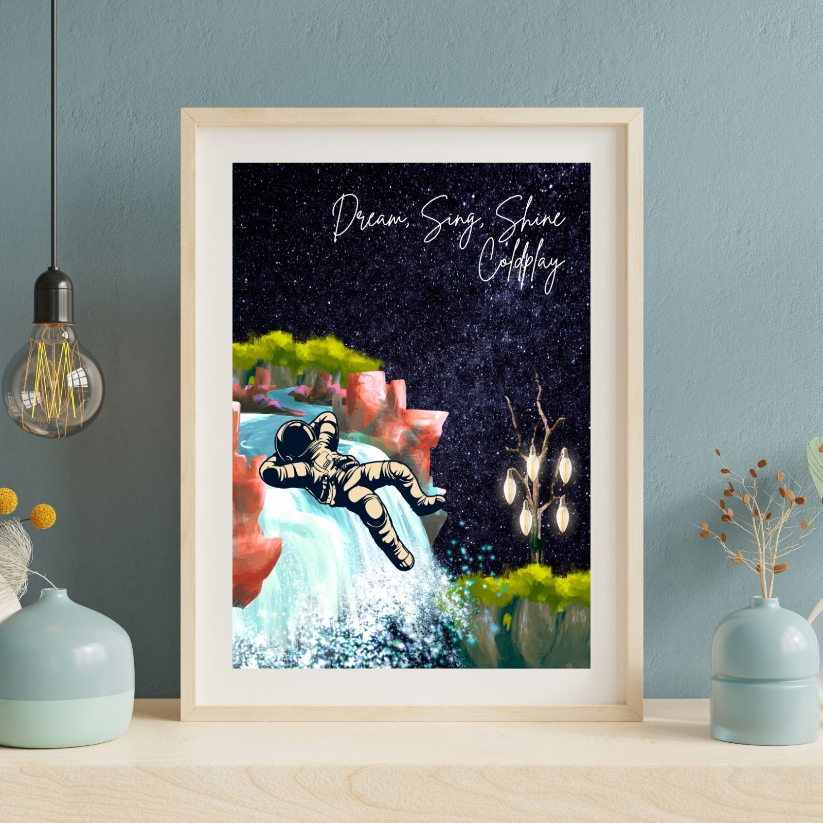 ‘Dream, Sing, Shine, Coldplay’ – Astronaut Waterfall Starry Night Wall Art – 29.7x42cm – Printable and Digital Use – Instant Download