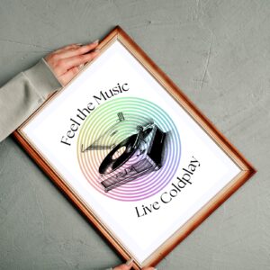 Feel the Music, Live the Coldplay – Vintage Record Player Wall Art – 29.7x42cm – Printable & Digital Use