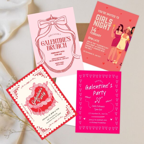 Galentine’s Day Party Invitation Bundle – 10 Designs – Brunch, Mocktail, Girls’ Night Out & More – Printable & Digital Use – Instant Download (5x7 in)